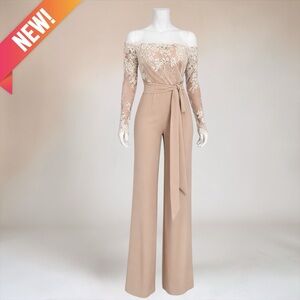 Lace Off-Shoulder Wide-Leg Jumpsuit with Waist Tie in Beige